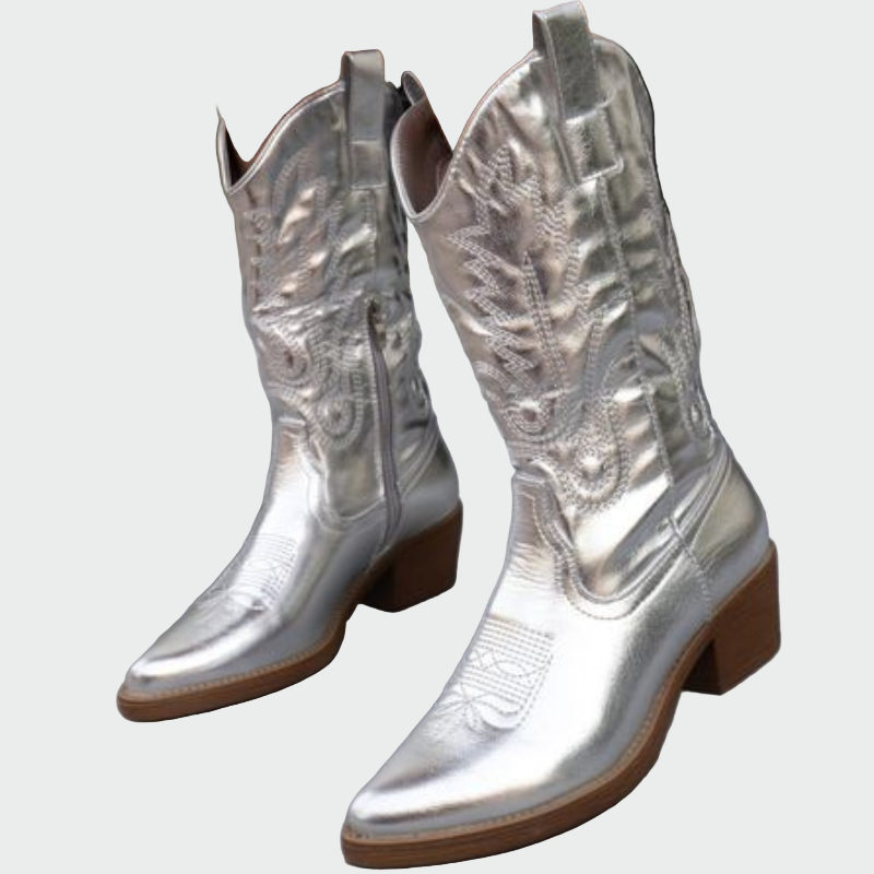 Estrella | Bottines de Cowboy Métalliques Roses avec Broderie