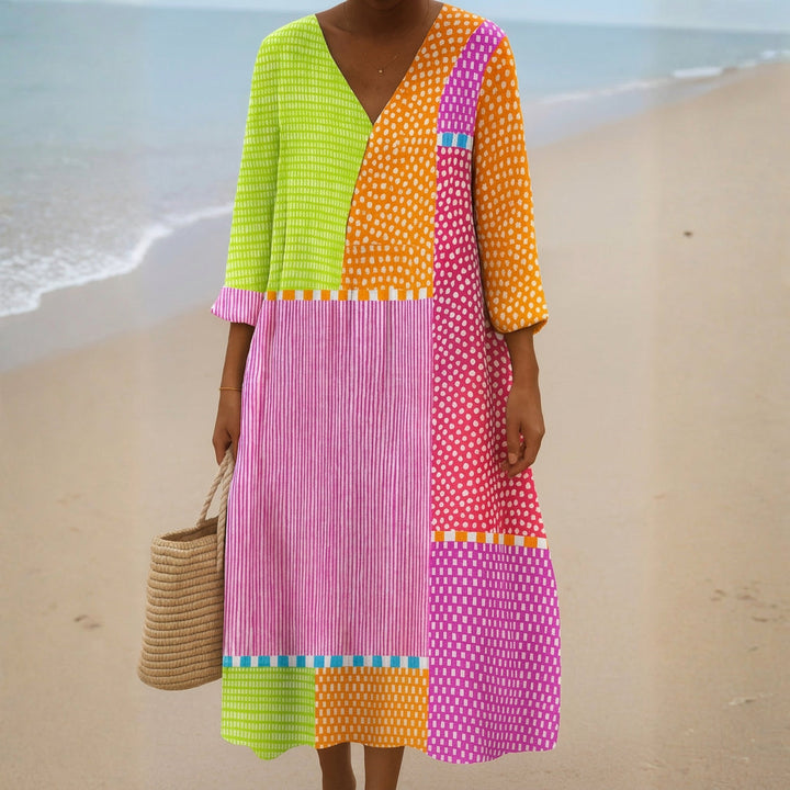 Fátima - Robe en Patchwork Coloré avec Perles et Rayures