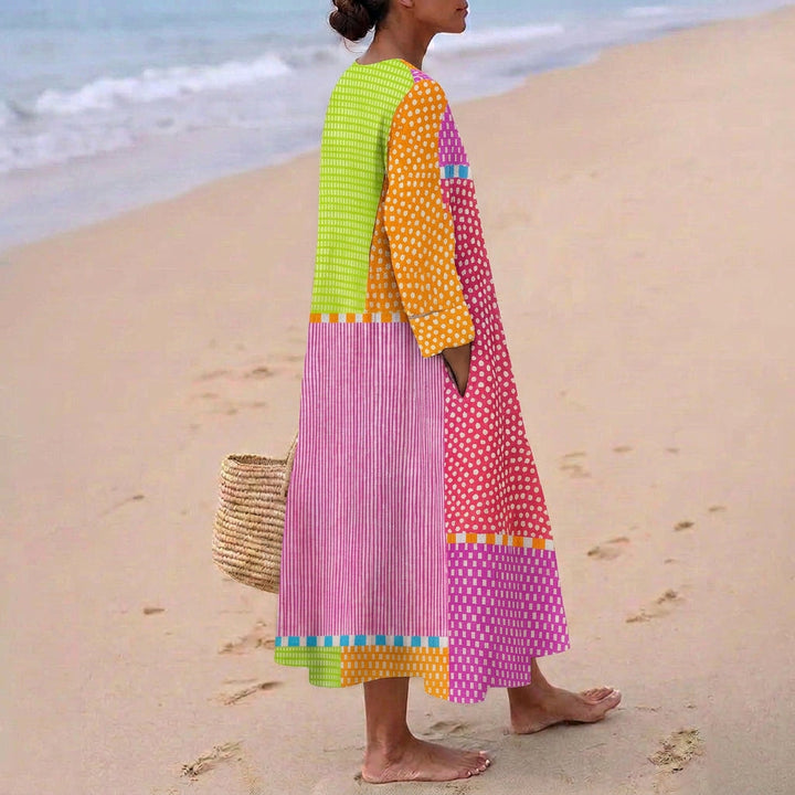 Fátima - Robe en Patchwork Coloré avec Perles et Rayures