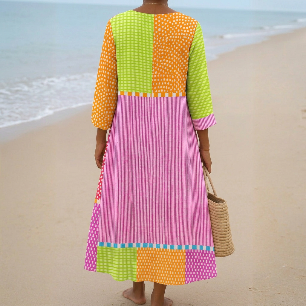 Fátima - Robe en Patchwork Coloré avec Perles et Rayures