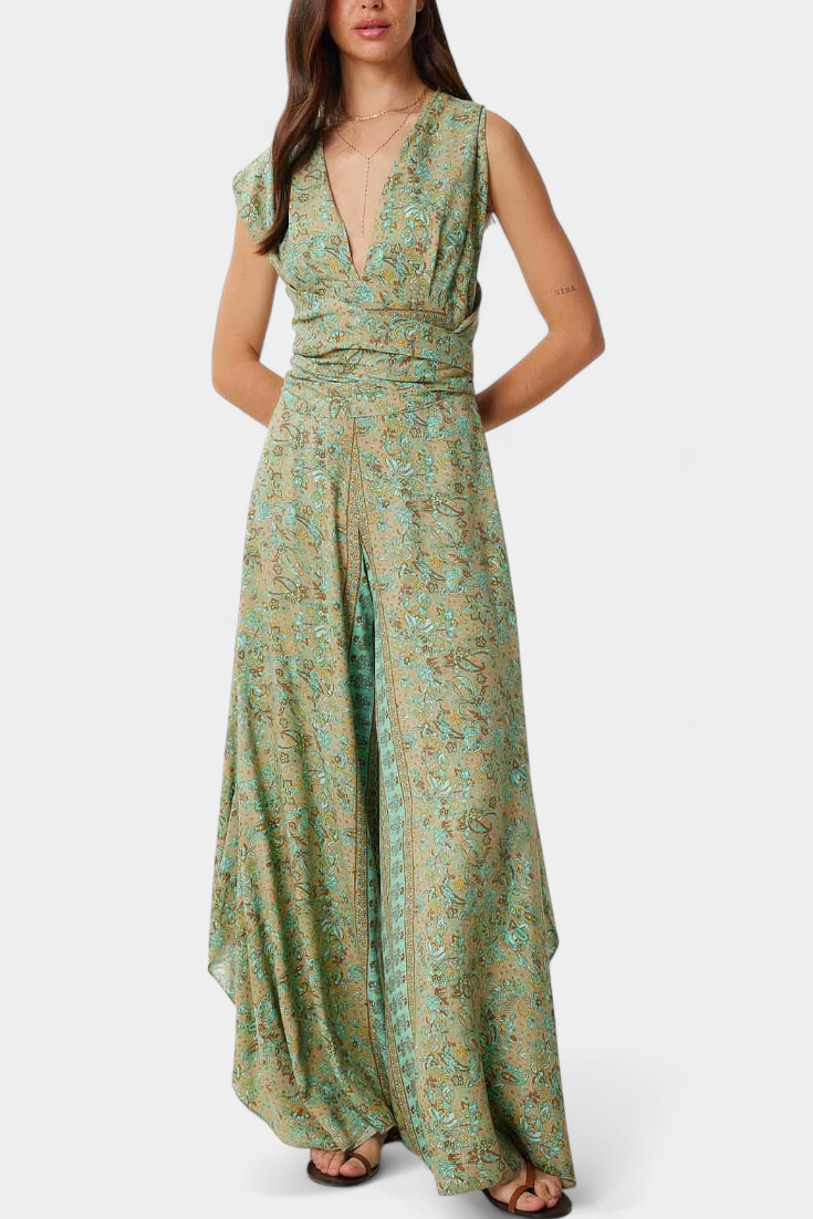 Monopiece Leandra Fluide Croisé avec Imprimé Floral Vert