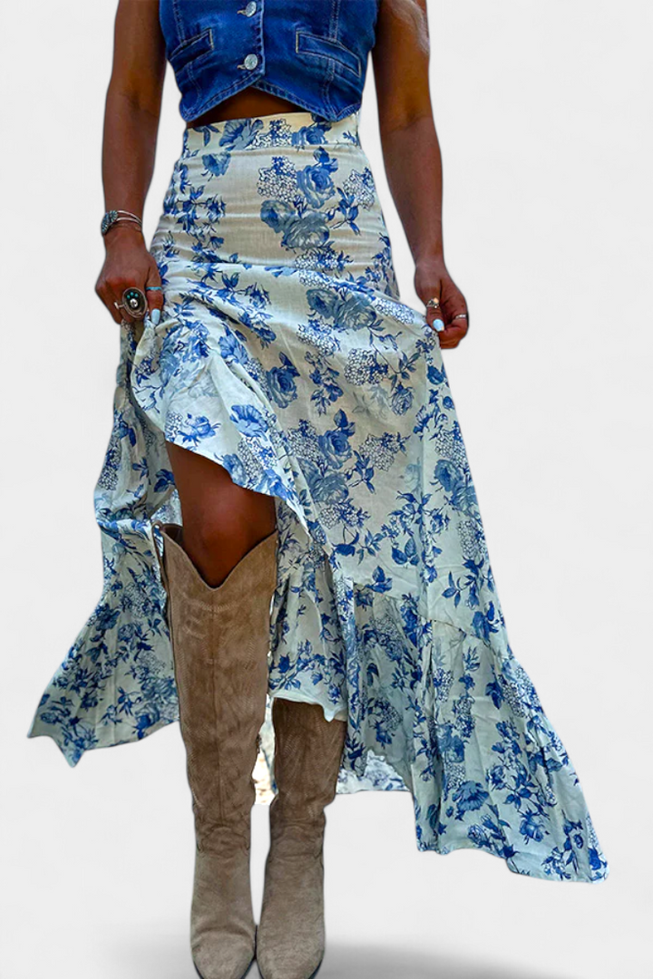 Kala | Jupe Maxi Florale avec Fente et Volants