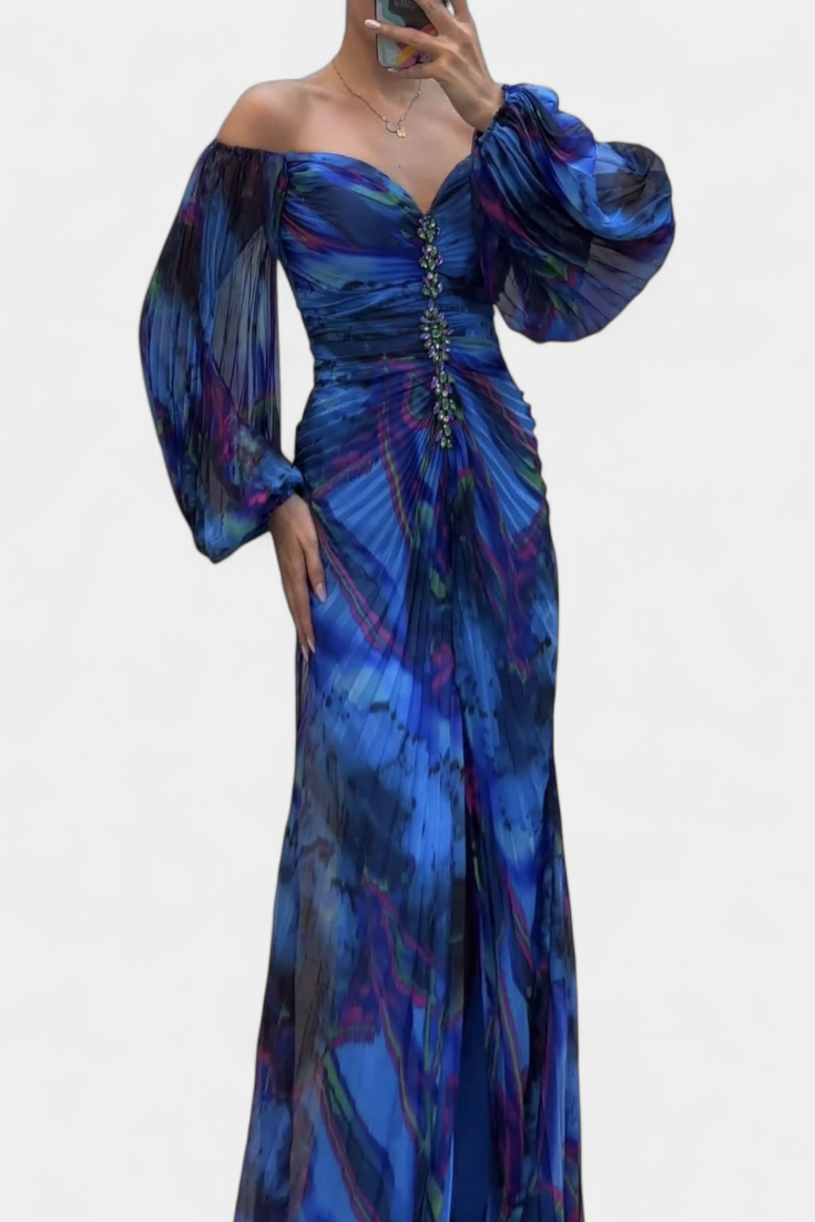 Quintessa | Robe Maxi Plissée avec Manches Longues et Imprimé Vibrant
