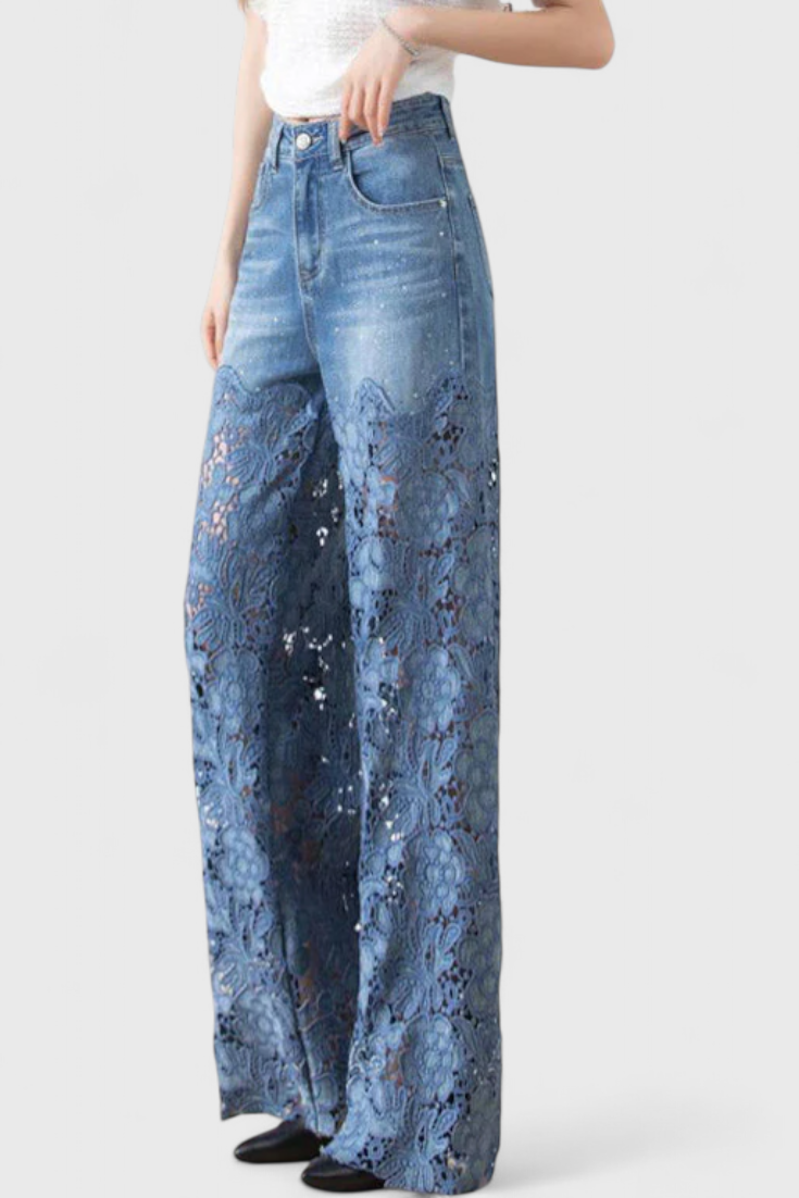 Jasiel | Pantalon Palazzo en Dentelle Denim avec Broderie Florale