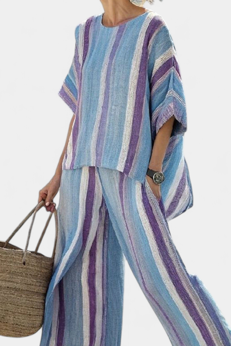 Ginevra | Haut élégant en ton mauve pastel et pantalons en lin rayés