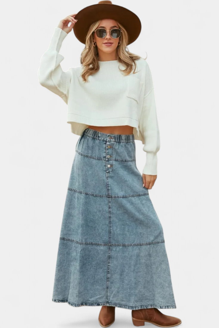 Lorraine | Jupe Maxi en Denim avec Détail de Plume