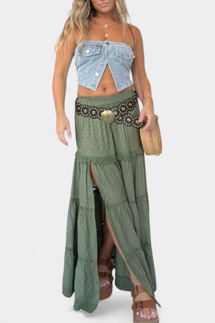 Dola | Jupe Maxi Boho avec Dentelle et Fente Frontale