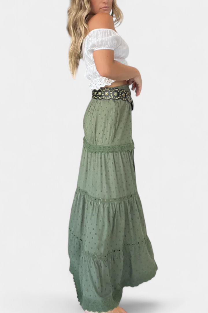 Dola | Jupe Maxi Boho avec Dentelle et Fente Frontale