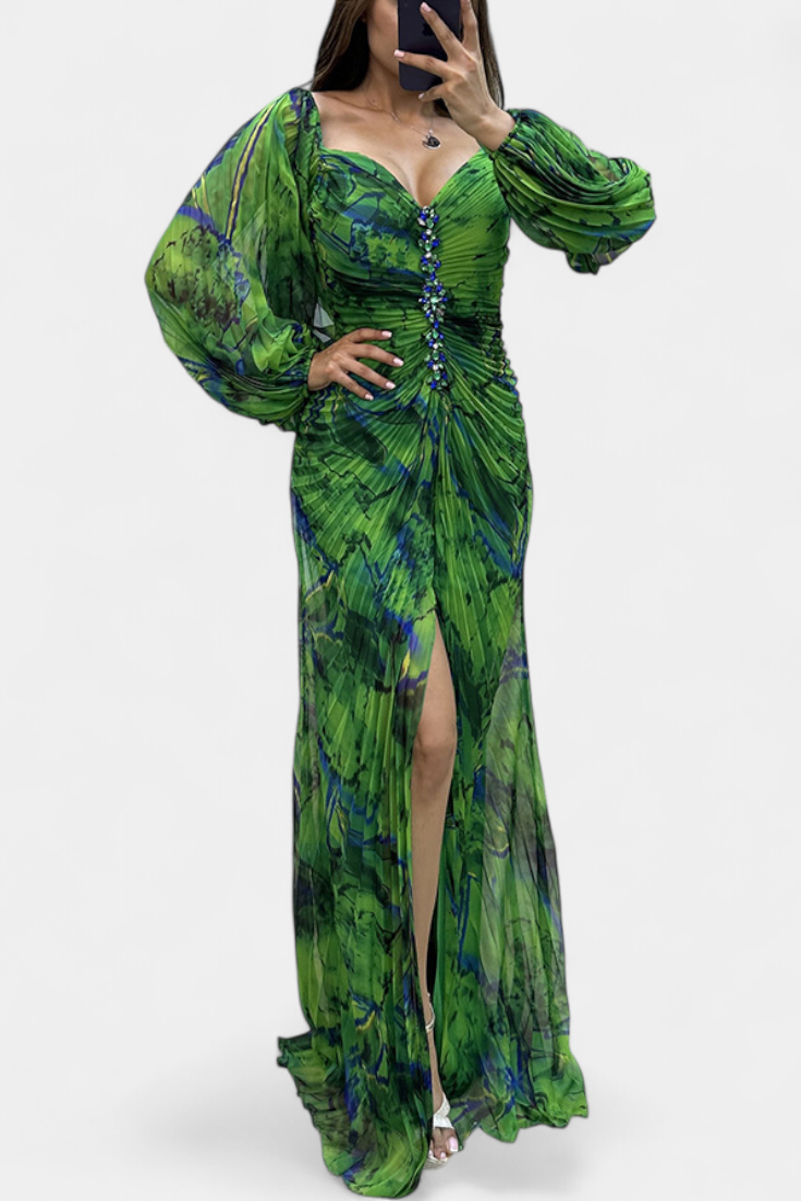 Quintessa | Robe Maxi Plissée avec Manches Longues et Imprimé Vibrant