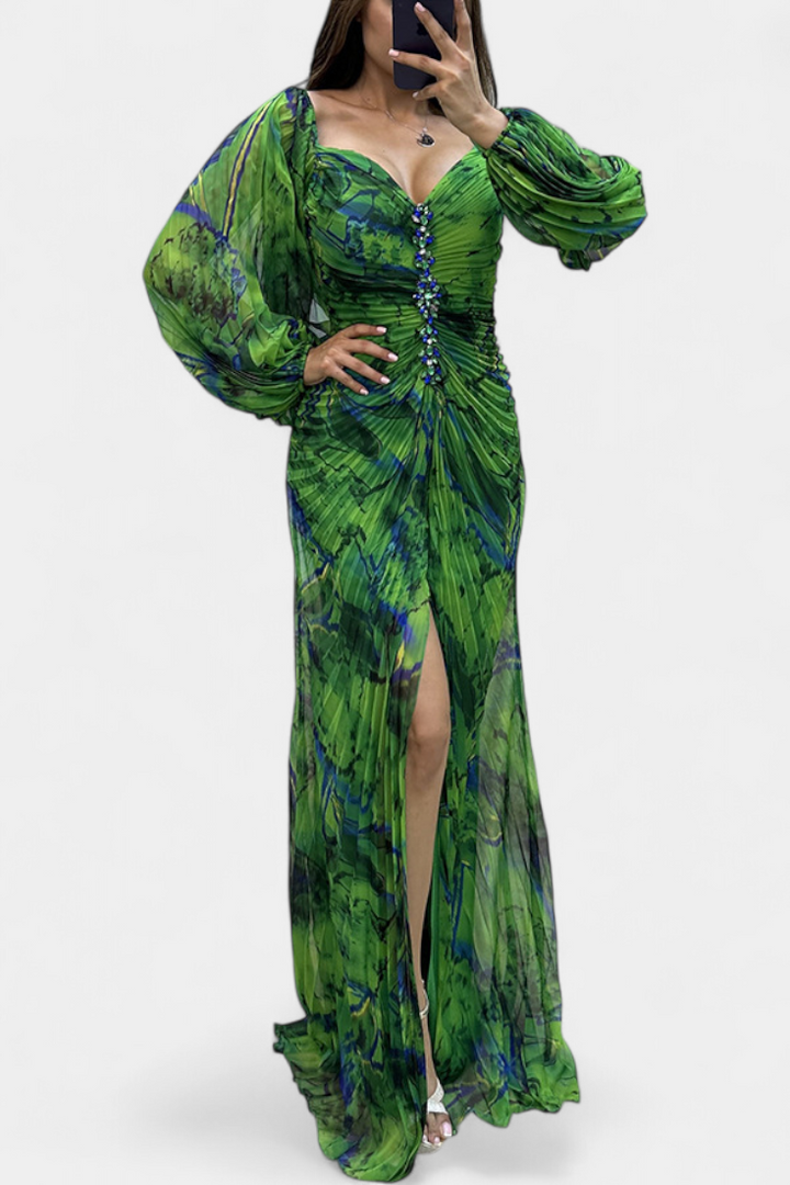 Quintessa | Robe Maxi Plissée avec Manches Longues et Imprimé Vibrant