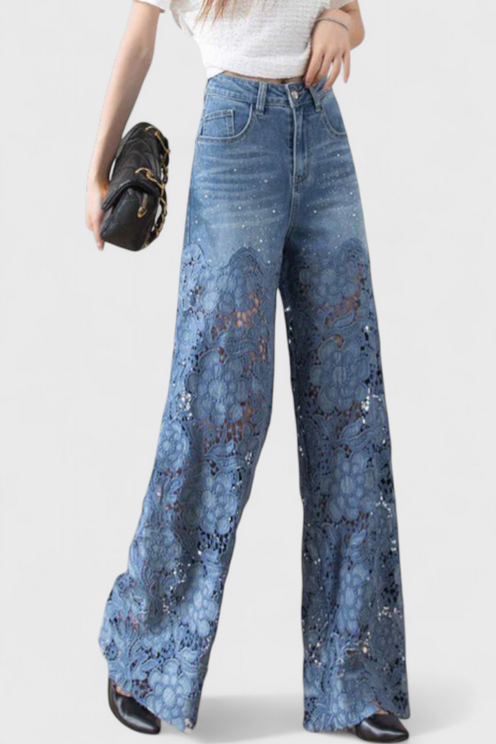 Jasiel | Pantalon Palazzo en Dentelle Denim avec Broderie Florale