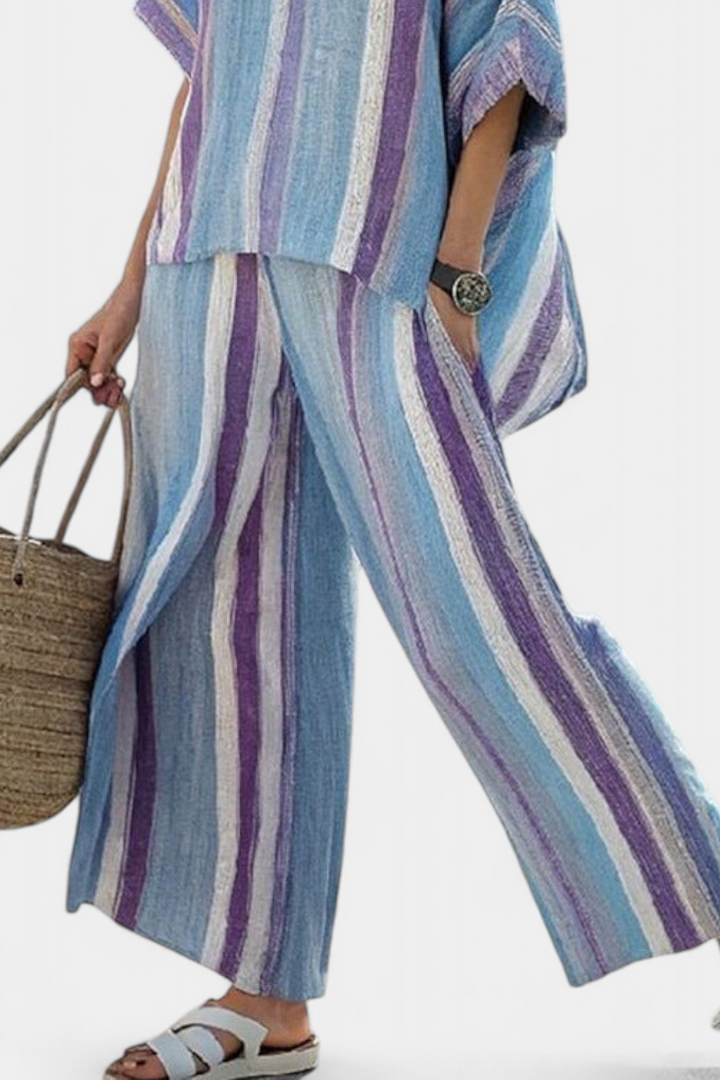 Ginevra | Haut élégant en ton mauve pastel et pantalons en lin rayés
