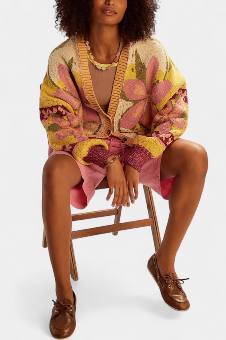 Casey | Cardigan en Tricot avec Motif Floral et Coupe Ample