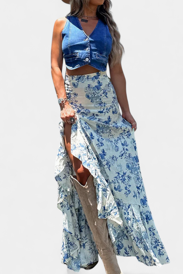 Kala | Jupe Maxi Florale avec Fente et Volants