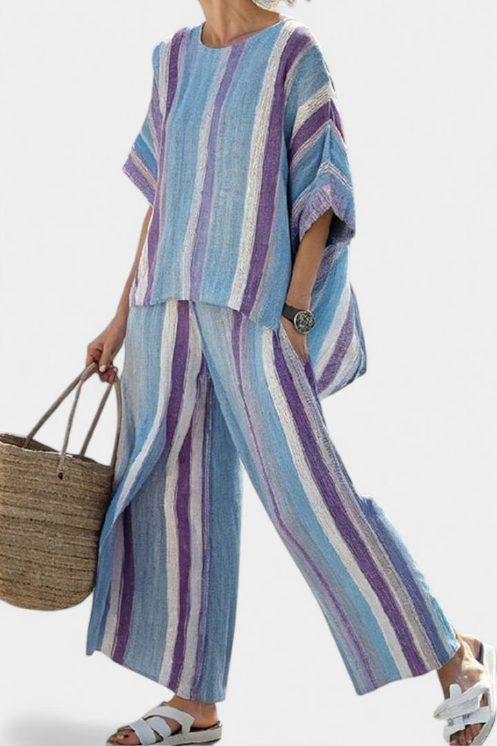 Ginevra | Haut élégant en ton mauve pastel et pantalons en lin rayés