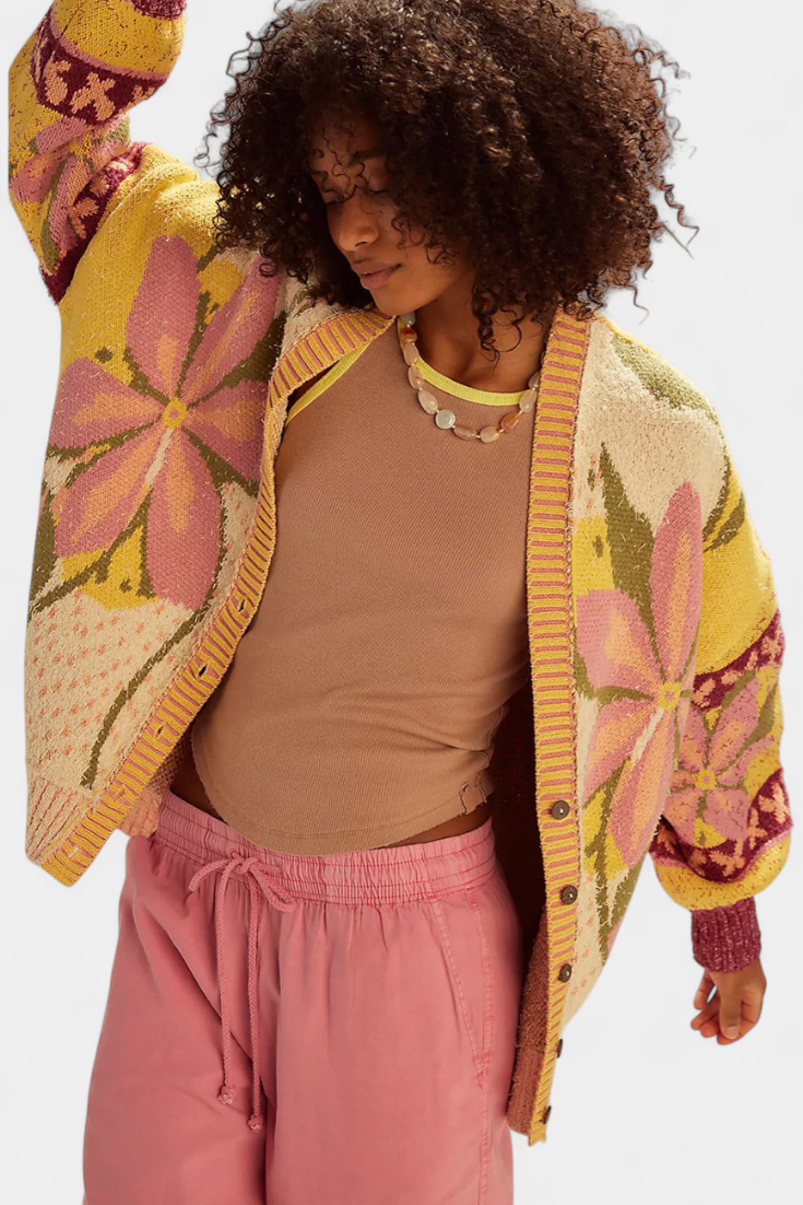 Casey | Cardigan en Tricot avec Motif Floral et Coupe Ample