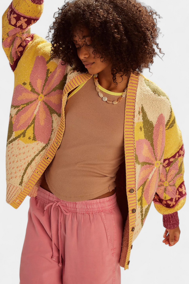 Casey | Cardigan en Tricot avec Motif Floral et Coupe Ample