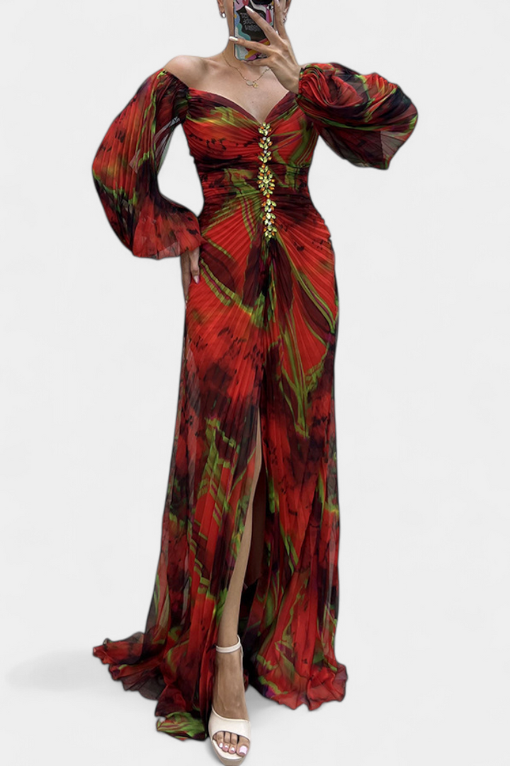 Quintessa | Robe Maxi Plissée avec Manches Longues et Imprimé Vibrant