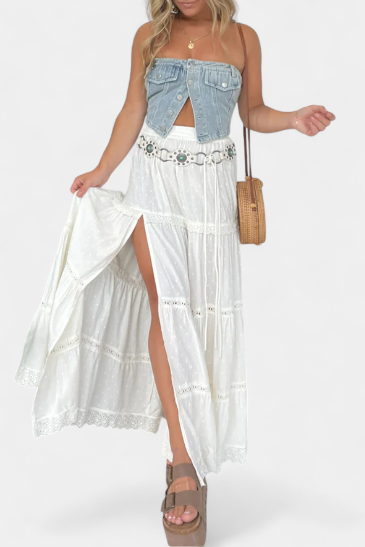 Dola | Jupe Maxi Boho avec Dentelle et Fente Frontale