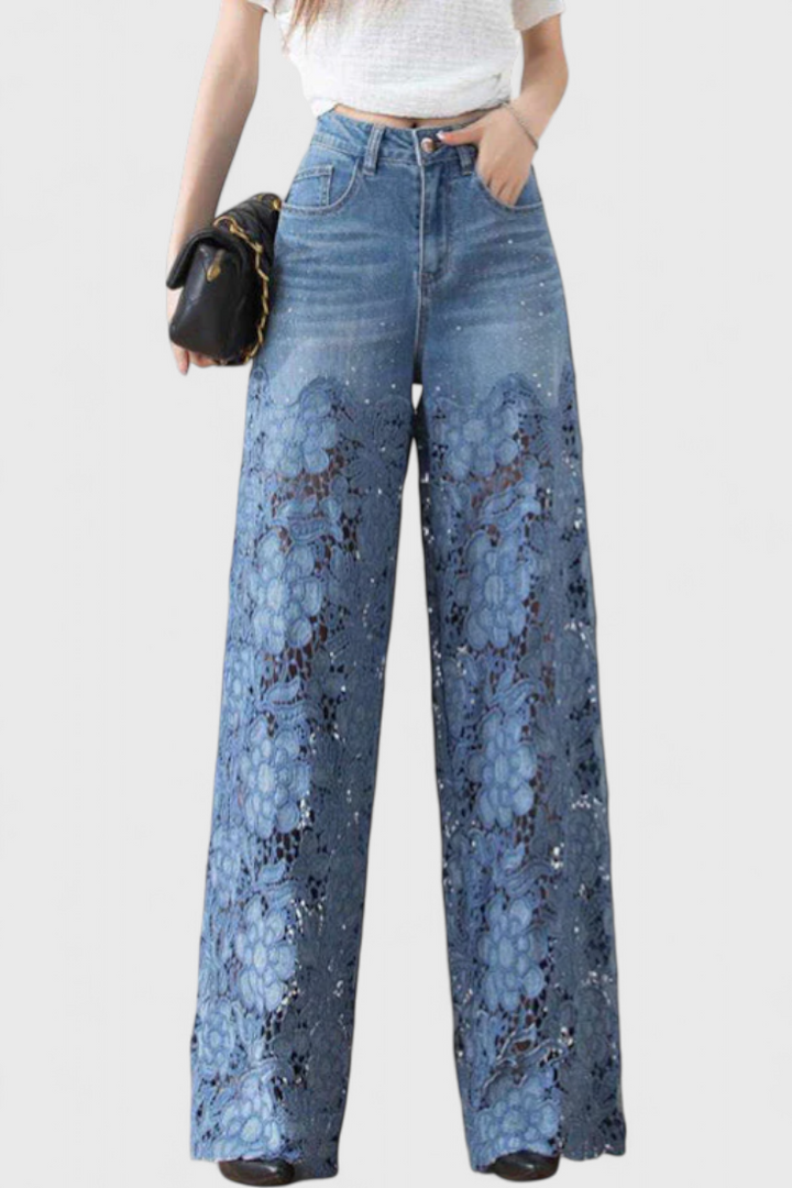 Jasiel | Pantalon Palazzo en Dentelle Denim avec Broderie Florale