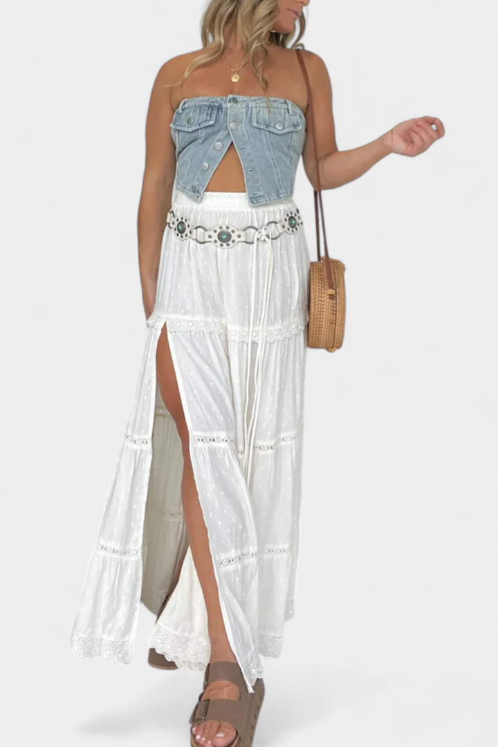 Dola | Jupe Maxi Boho avec Dentelle et Fente Frontale