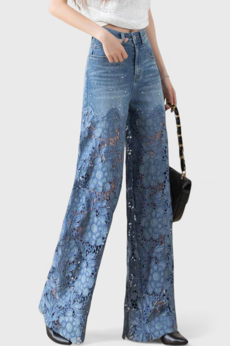 Jasiel | Pantalon Palazzo en Dentelle Denim avec Broderie Florale