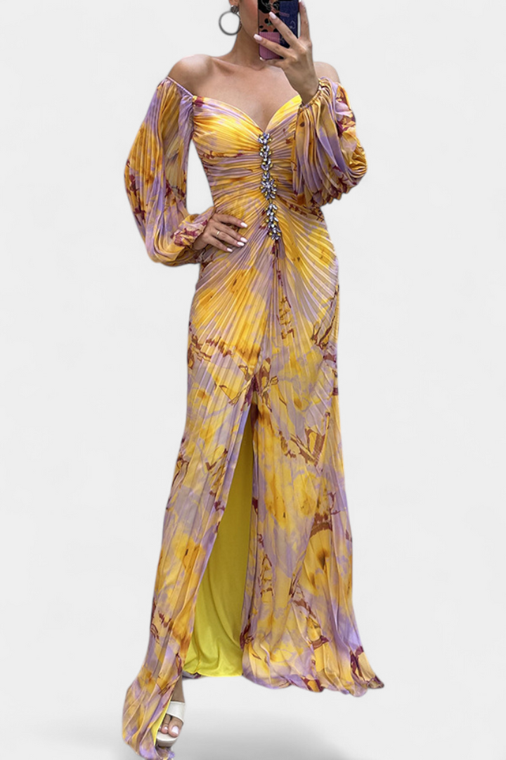 Quintessa | Robe Maxi Plissée avec Manches Longues et Imprimé Vibrant