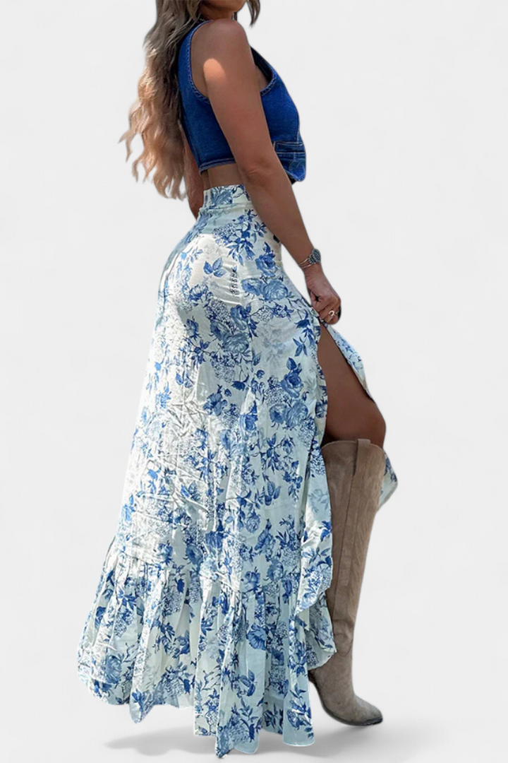 Kala | Jupe Maxi Florale avec Fente et Volants