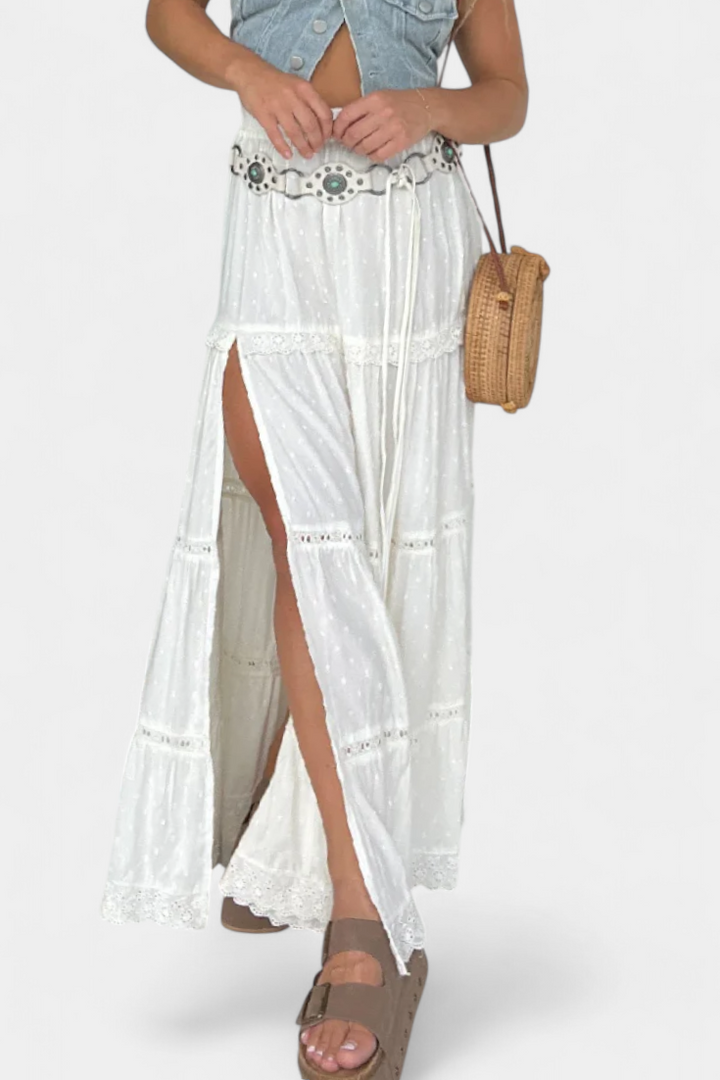 Dola | Jupe Maxi Boho avec Dentelle et Fente Frontale