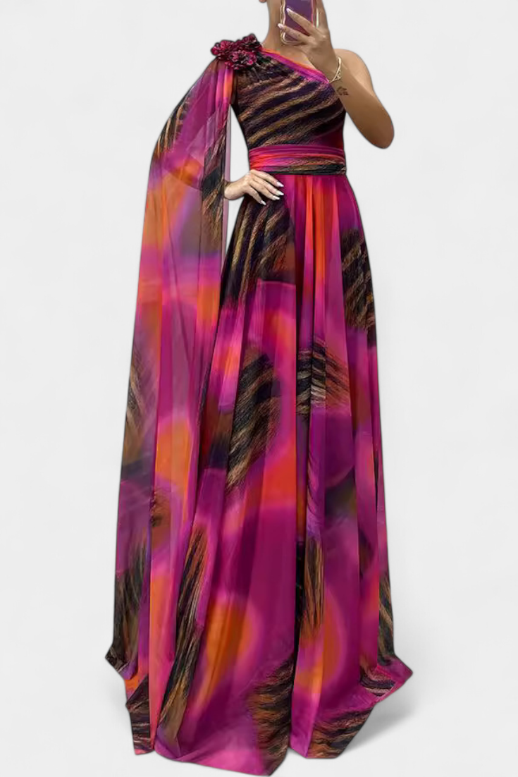 Cedara | Robe Longue à Une Épaule avec Détail Floral
