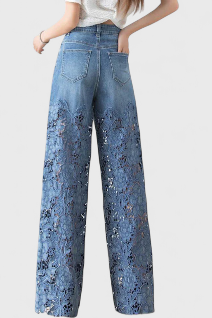 Jasiel | Pantalon Palazzo en Dentelle Denim avec Broderie Florale