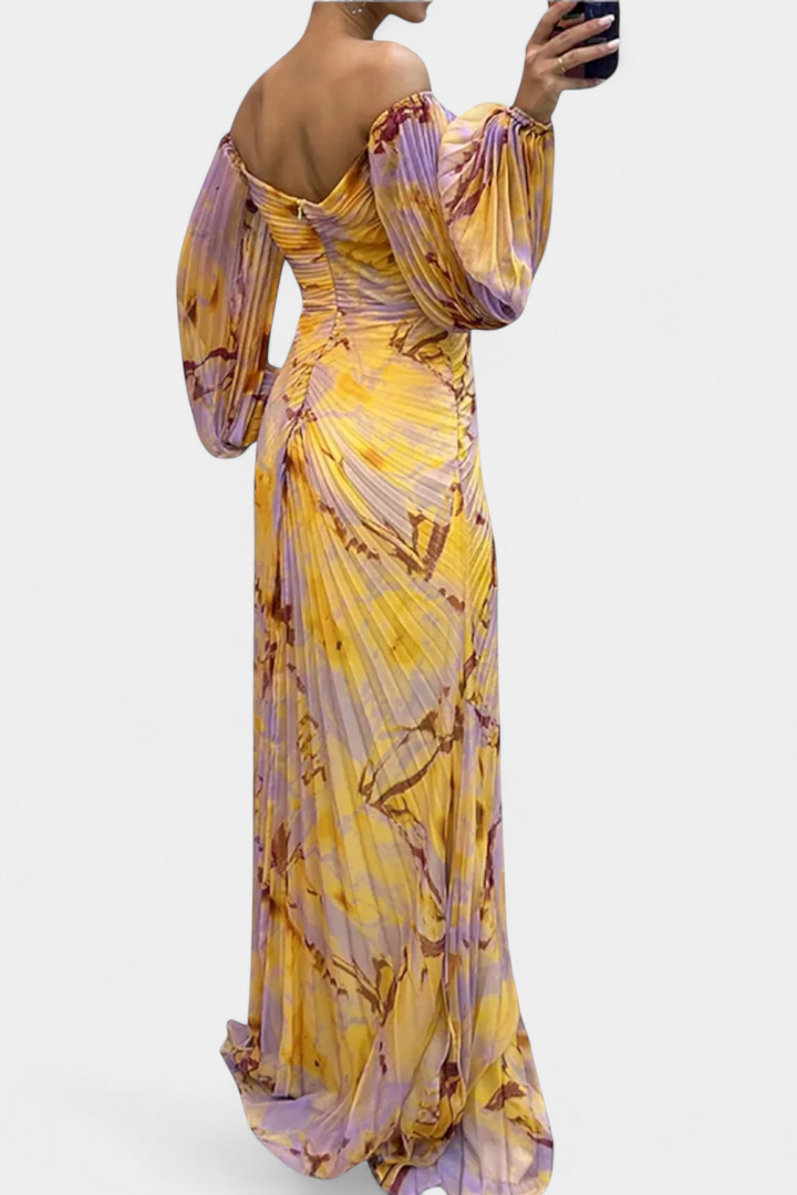 Quintessa | Robe Maxi Plissée avec Manches Longues et Imprimé Vibrant