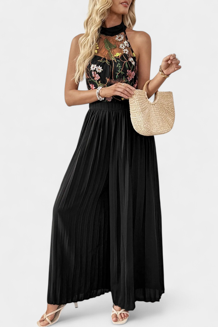 Maruja | Mono Palazzo avec Broderie Florale et Dentelle Transparente